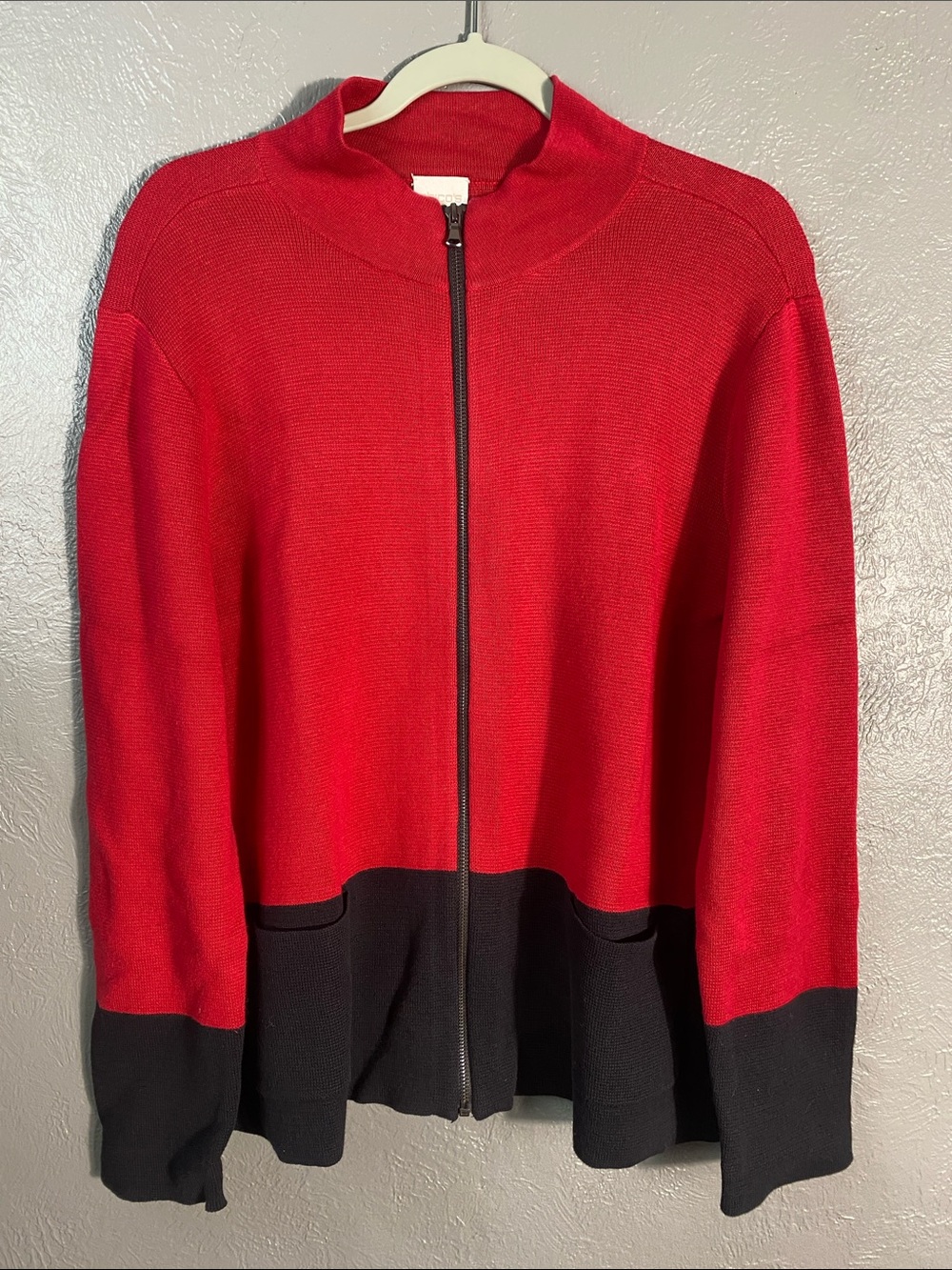 Chico's 100% Cotton Knit Jacket Size 3 Red Black Zip Front Cardigan Sweater